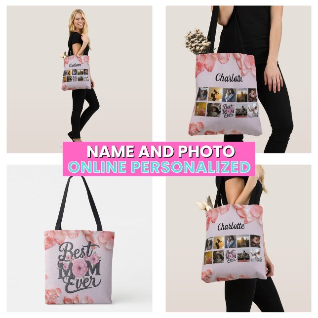 Bolsa Tote Roteiro de Colagem de Fotos da Mãe Floral Melhor M (Floral Mother's Photo Collage Script Best Mom Ever Tote Bag)