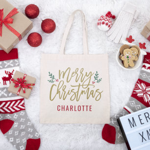 Bolsa Tote Roteiro de Ouro Moderno Feliz Natal Nome Personali