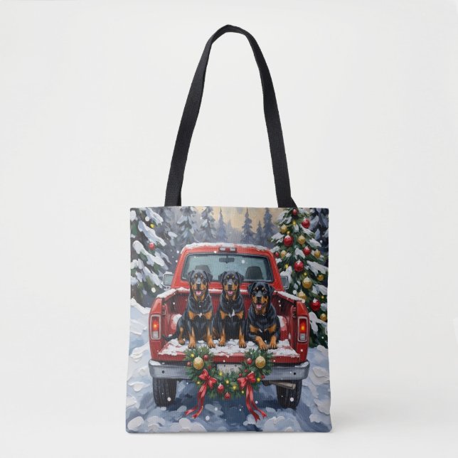 Bolsa Tote Rottweiler Christmas Red Truck Holiday (Frente)