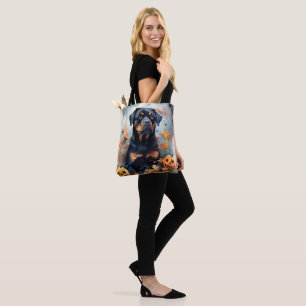 Bolsa Tote Rottweiler de Halloween com Abóboras Assustador