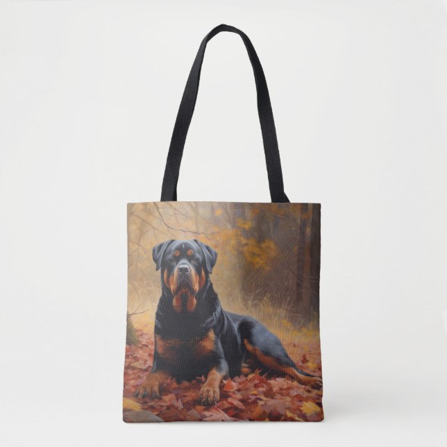 Bolsa Tote Rottweiler nas Folhas de outono cai inspirador (Frente)
