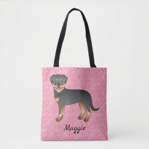 Bolsa Tote Rottweiler Preto E Tan Em Corações E Nome Rosa