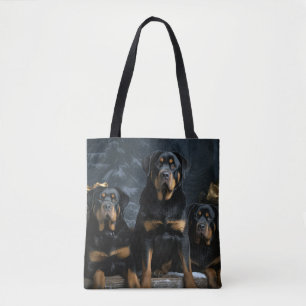 Bolsa Tote Rottweiler Snowy Sleigh Decência de Natal