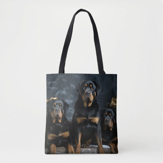 Bolsa Tote Rottweiler Snowy Sleigh Decência de Natal (Frente)