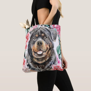 Bolsa Tote Rottweiler watercolor cão face rosa