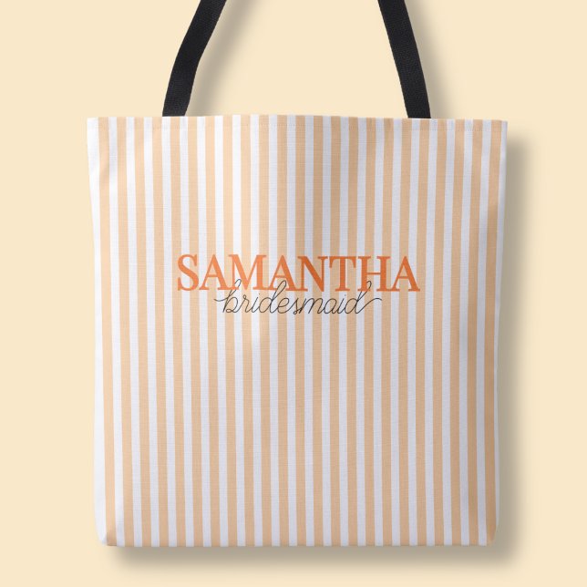 Bolsa Tote Rótulo Moderno Personalizado com Listras Laranja p (Modern Orange Striped Script Custom Bridesmaid Tote Bag)