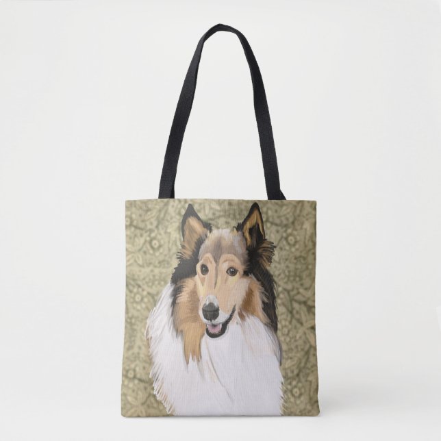 Bolsa Tote Rough Collie sobre um fundo Floral Brown (Frente)