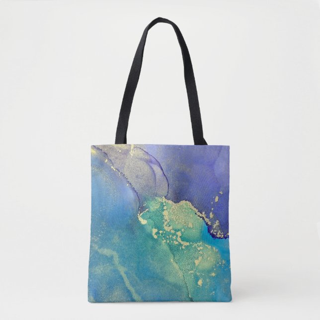 Bolsa Tote Roxo Azul e Dourado Arte Abstrata com Tinta Alcoól (Frente)