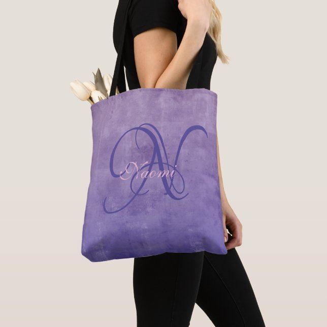 Bolsa Tote Roxo Cinza Azul monograma rústico sofisticado (Close Up)