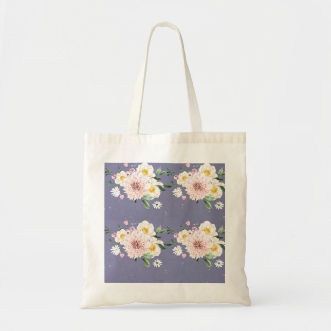 Bolsa Tote Roxo com saco de toalhas de flores brancas (Frente)