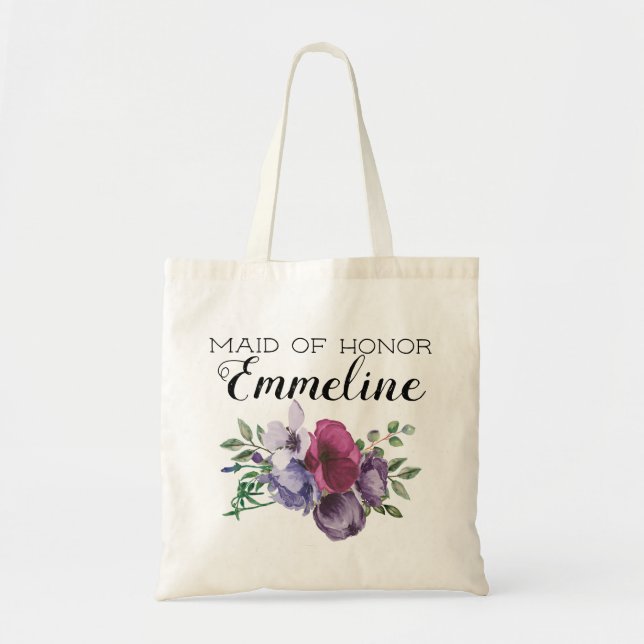 Bolsa Tote Roxo de Ameixa Flora Verde Madrinha de Honra (Frente)