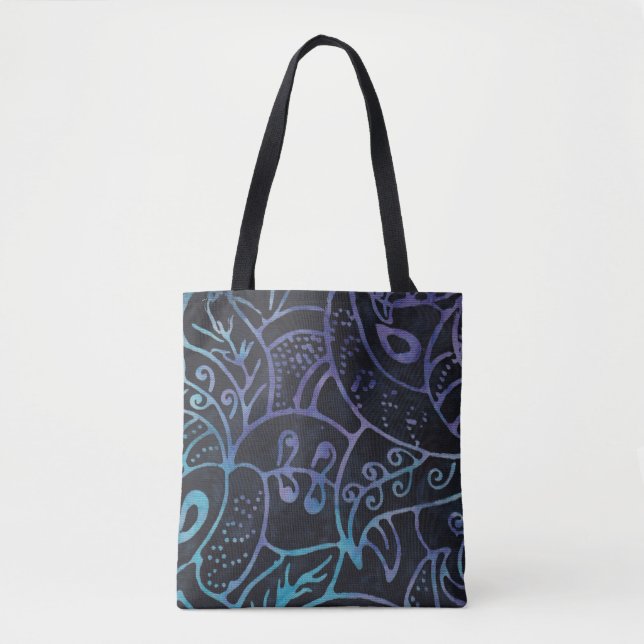 Bolsa Tote Roxo e Azul Boho Batik Folhagem Abstrata (Frente)