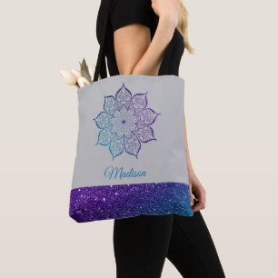 Bolsa Tote Roxo e Azul Turquesa Ombre Falso Brilho Mandala em