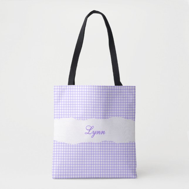 Bolsa Tote Roxo e Branco Clássico Gingham | Nome Personalizad (Frente)