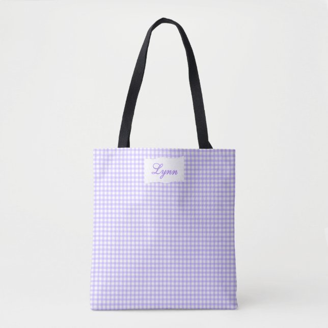 Bolsa Tote Roxo e Branco Clássico Xadrez | Nome Personalizado (Frente)