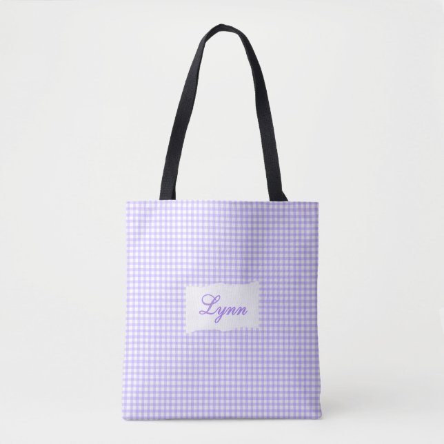 Bolsa Tote Roxo e Branco Clássico Xadrez | Nome Personalizado (Frente)