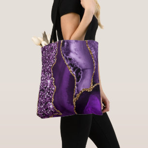 Bolsa Tote Roxo Elegante e Agato Dourado do Oceano Glitter