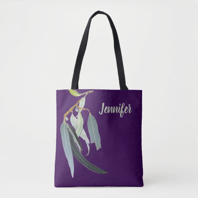 Bolsa Tote Roxo Escuro com Folhas de Aquarela Nomeadas  (Frente)
