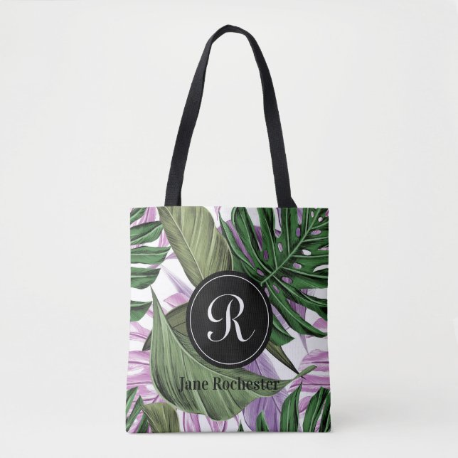 Bolsa Tote Roxo Verde Tropical de Verão deixa monograma (Frente)