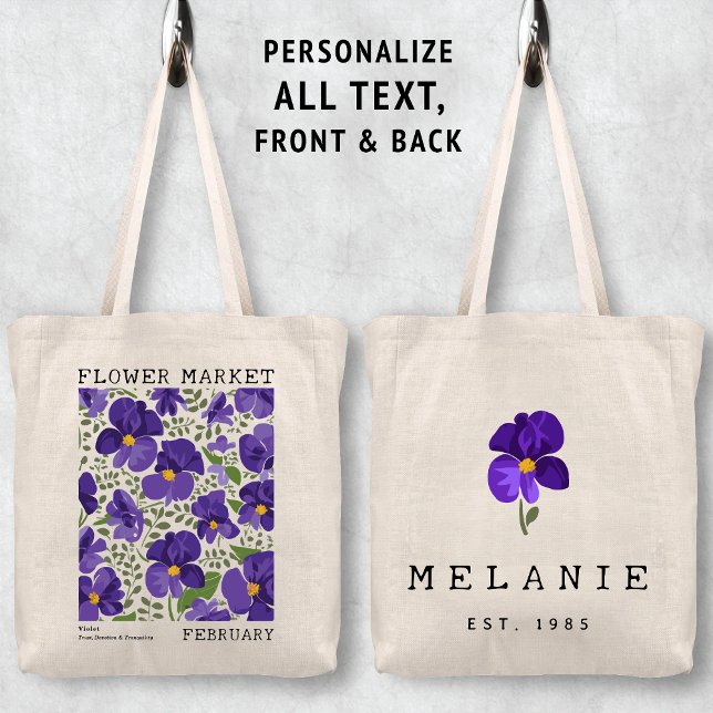 Bolsa Tote Roxo Violet Febre, Fevereiro, Nascimento (Personalized February Birth Flower Market Tote Bag, Custom Name Bag, Bachelorette Bridesmaid Gifts )