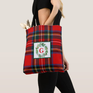 Bolsa Tote Royal Stewart Christmas MONOGRAM Xadrez Wreath