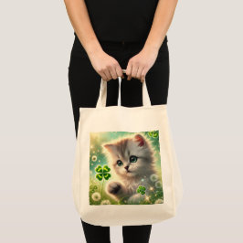 Bolsa Tote Rua Adorável de Kitten. Trevo de 4 Folhas