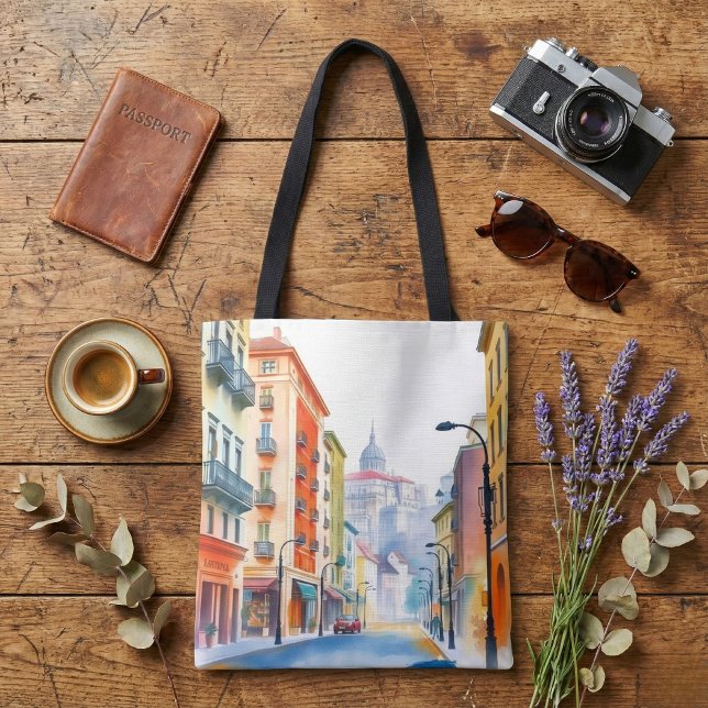 Bolsa Tote Rua Europeia em Aquarela (Criador carregado)