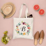 Bolsa Tote Rua Floral Rosa-Rosa Branca Bridesmaid Inicial<br><div class="desc">O saco de tota de casamento personalizado apresenta um monograma inicial enquadrado por um elegante design de coroa floral estilo boho com lindas flores de aquarela de queda, incluindo rosas, dahlias, flores de peônia e verde, numa bela paleta de outono de vermelho-lenhoso, amarelo-ouro, cor-de-rosa-rosa-pincel e tons de verde. Personalize com...</div>