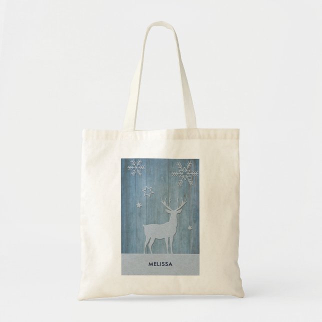 Bolsa Tote Rustic Blue Wood Reindet — Natal (Frente)