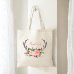 Bolsa Tote Rustic Boho Floral Antlers com Nome<br><div class="desc">Um feiticeiro rústico inspirou um design com veados embelezados com um buquê de flores cor-de-água rosa e pêssego. Insira seu nome ou outro texto desejado em vez do nome de exemplo mostrado. Você também pode excluir o texto se preferir este item sem ele.</div>