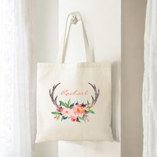 Bolsa Tote Rustic Boho Floral Antlers com Nome