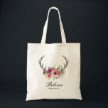 Bolsa Tote Rustic Boho Floral Antlers Wedding Bridesmaid<br><div class="desc">Uma bolsa de tote personalizada adorável para as damas de honra no seu casamento. Apresenta galhadas rústicas embelezadas com um buquê floral colorido de flores cor-de-rosa e magenta. Adicione o nome da madrinha no lugar do nome de exemplo mostrado no modelo de design. Você também pode editar o texto "bridesmaid"...</div>