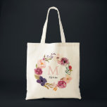 Bolsa Tote Rustic Boho Watercolor Floral Wreath Monograma<br><div class="desc">Uma bonito coroa de água do feitiço serve como uma moldura rústica para o monograma nesta bolsa de festa noiva que faz um presente encantador para as suas damas de honra. A caligrafia e a tipografia modernas adicionam um toque de tendência de na moda a este design clássico por Impressões...</div>