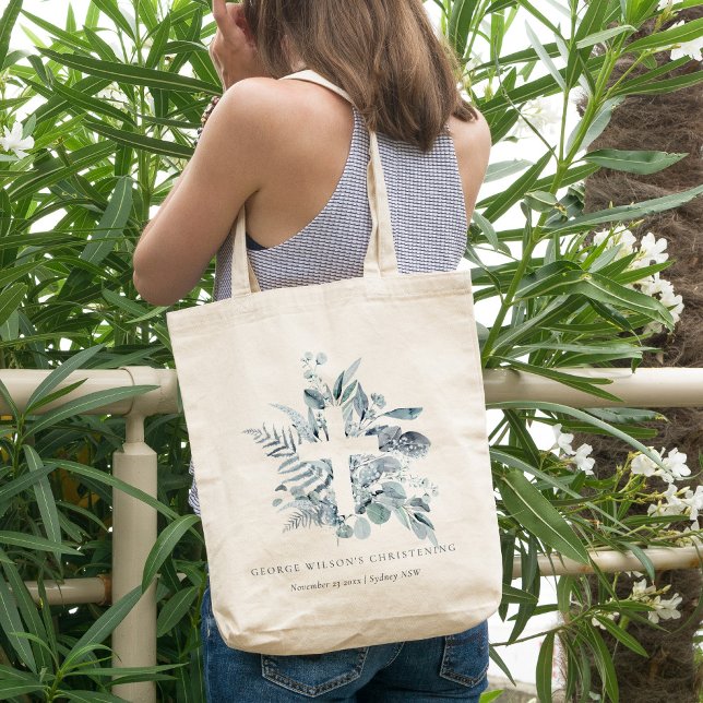 Bolsa Tote Rustic Eucalyptus Fern Foliage Cross Christening (Criador carregado)