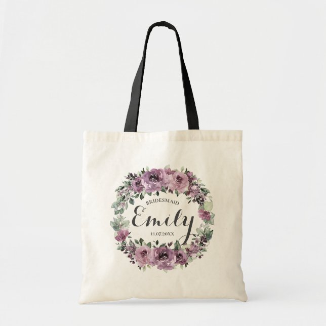 Bolsa Tote Rustic Mauve Plum Purple Floral Bridesmaid Favor (Frente)