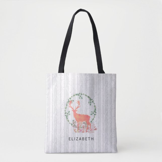 Bolsa Tote Rustic Reindeer Boho Watercolor Personalizado (Frente)