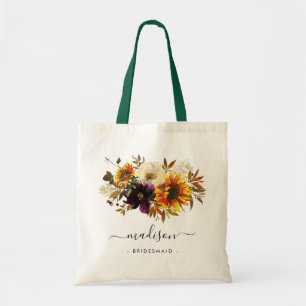 Bolsa Tote Rustic Sunflower Floral Watercolor Name Bridesmaid