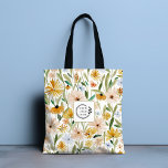 Bolsa Tote Rustic Watercolor Wils Flowers Logo Código QR<br><div class="desc">Rustic Watercolor Wild Flowers Add Logo QR Code Corporate Tote Bags Oferece um padrão floral moderno de cor d'água, cor de laranja, rosa, azul e verde, com o logotipo personalizado de sua empresa, com seu Código QR personalizado no verso. Perfeito para presentes corporativos, escola, esportes, ginástica, viagem e muito mais....</div>