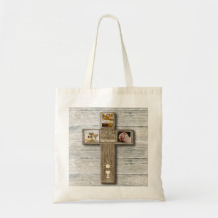 Bolsa Tote Rustic Wood Cross Primeira Comunhão Sagrada