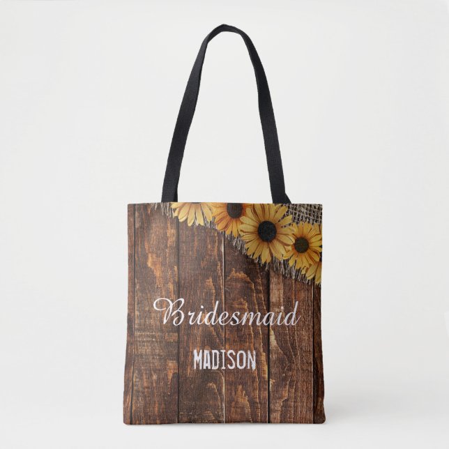 Bolsa Tote Rústica Madeira e Burlap Sunflower Wedch Monograma (Frente)
