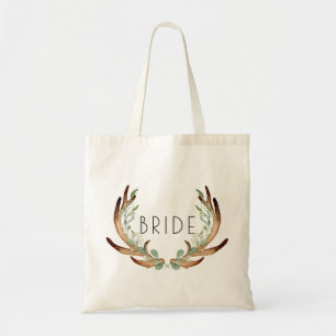 Bolsa Tote Rústico Antler e Greenery Watercolor Noiva