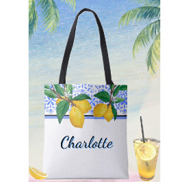 Bolsa Tote Saca de água-forte de folha de limão Amalfi azul