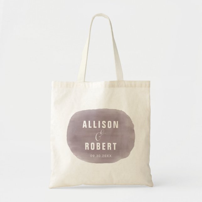 Bolsa Tote Saca de Boas-Vindas de Casamento com Aguarela Roxa (Frente)