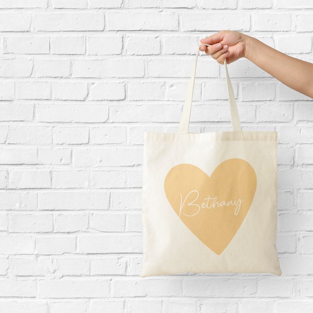 Bolsa Tote Saca de coração laranja fofo com nome (Criador carregado)