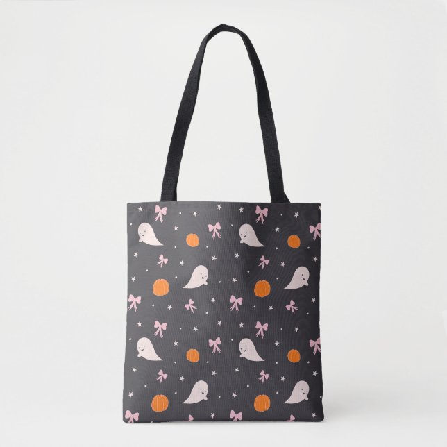 Bolsa Tote Saca de Halloween com Fantasmas Fofos | Preto (Frente)