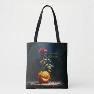Bolsa Tote Saca de Halloween de Abóbora e Rosa Romântica Somb