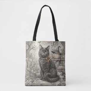 Bolsa Tote Saca de Halloween de Gato Preto Vintage