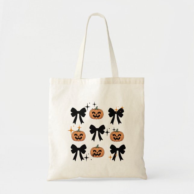 Bolsa Tote Saca de Halloween Fofa e Assustadora com Laços e A (Frente)