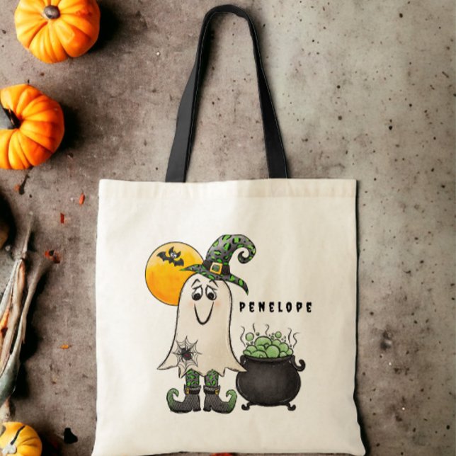 Bolsa Tote Saca de Halloween Personalizada com Bruxa Fantasma (Criador carregado)