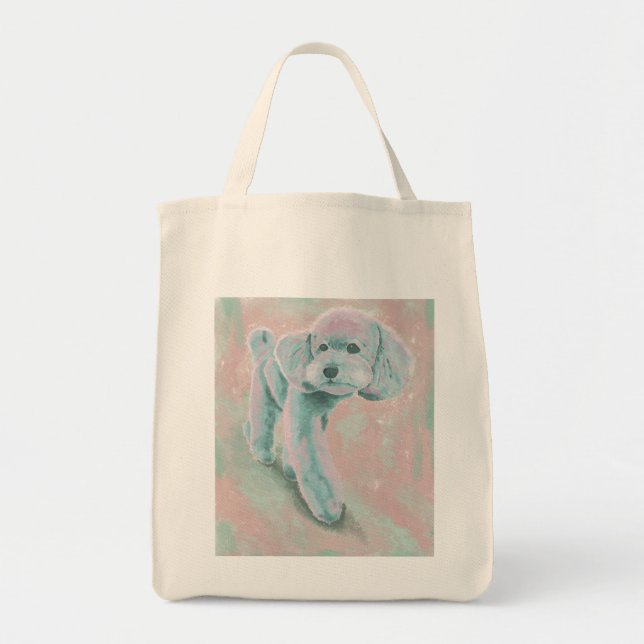 Bolsa Tote Saca de ilustração artística de poodle em tons pas (Frente)